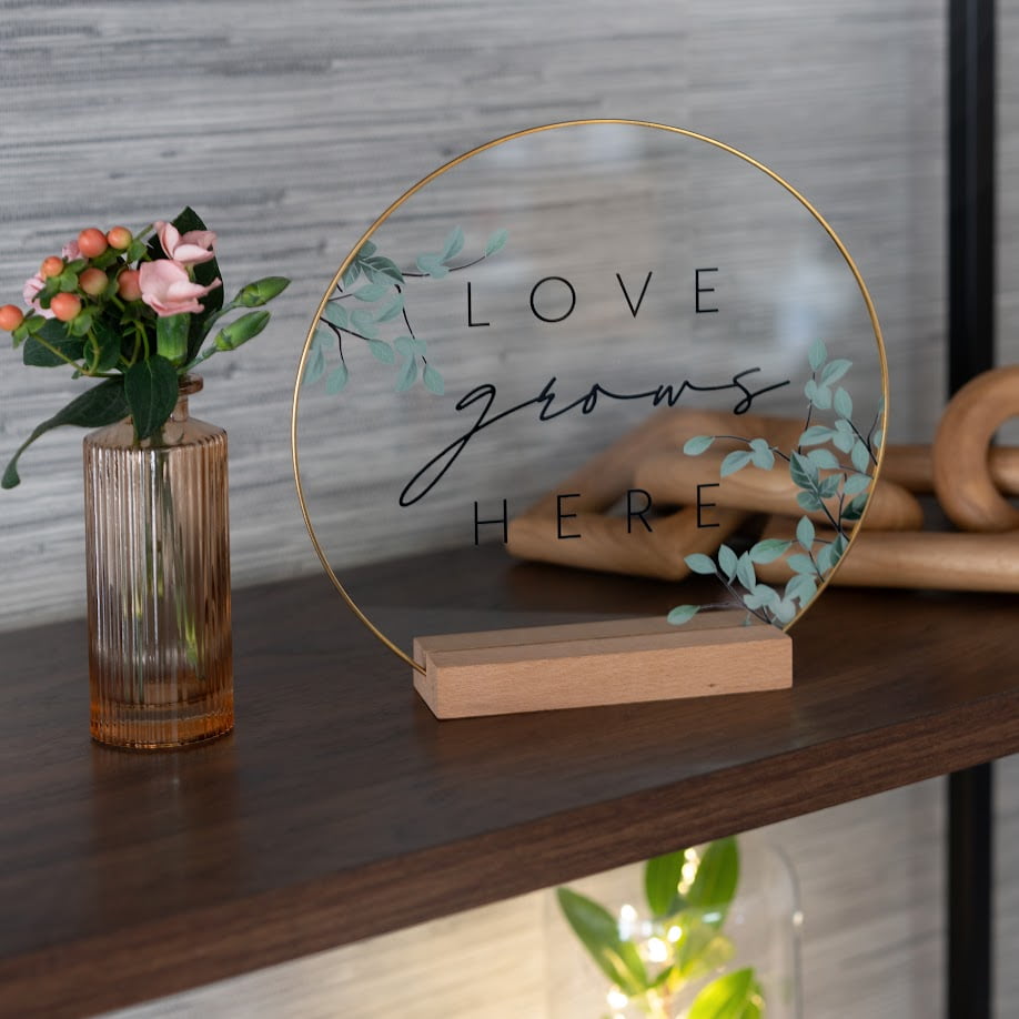 Inspirational "Love Grows Here" Translucent Tabletop Plaque with Solid Wood Base Stand