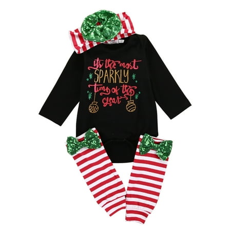 

YiLvUst Infant Baby Girls Merry Christmas Clothes Set Black Romper Red Stripe Print Leg Warmers and Headdress