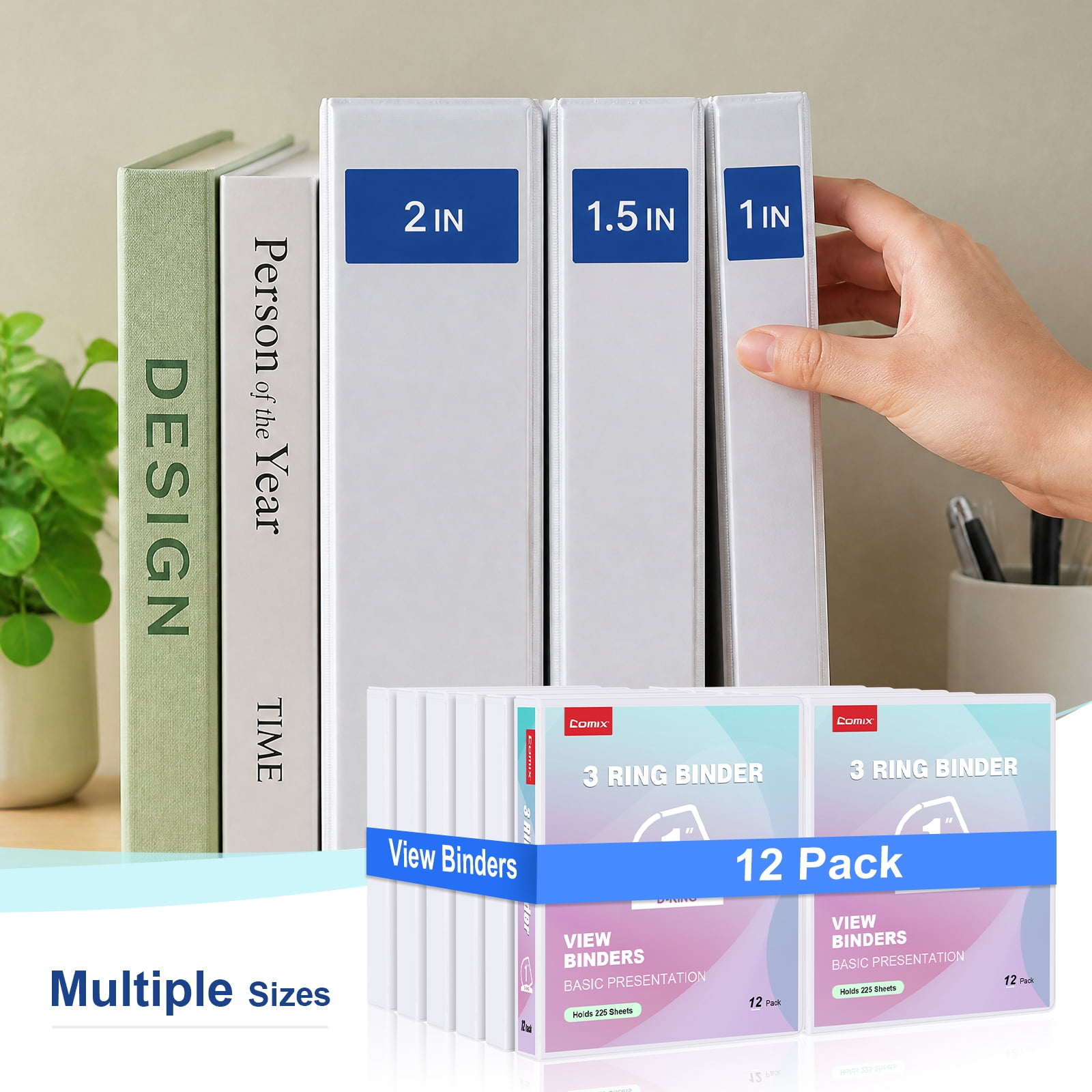 Comix 1 inch 3 Ring Binder with Pockets, Strong D Ring, Fits Letter Size, Holds 225 Sheets, School Office Supplies,12-Pack White