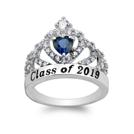 2 Piece Navy Ring - JamesJenny 925 Sterling Silver School Class of 2019 Graduation Dark Blue 0.5ct Heart CZ Ring Size 5-10
