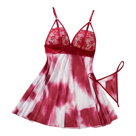 Oplxuo Women s Tie Dye Nightgown Sexy V Neck Lace Babydoll Pajamas Dress 2 Piece Lingerie Sleepwear