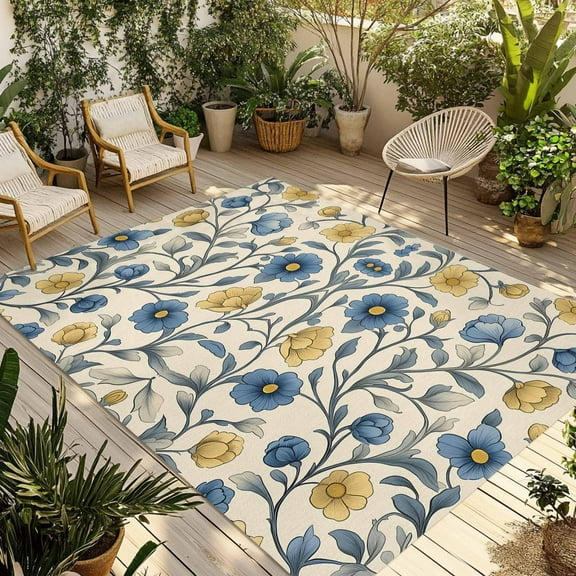 Fsddascl Vintage Blue Yellow Outdoor Rug for Patio/Deck/Porch, Non-Slip Large Area Rug 5 x 8 Ft, Spring Enchanted Garden Florals Indoor Outdoor Rugs Washable Area Rugs, Reversible Camping Rug Carpet