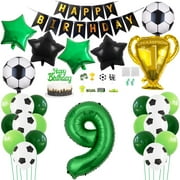 Daimay 29PCS Soccer PriNst Birthday Party Decoration - Sports Theme Football Supplies, Champion Trophy Foil Balloon, 9th Happy Birthday Banner, Green White Black Balloons, Cake Topper for Fans