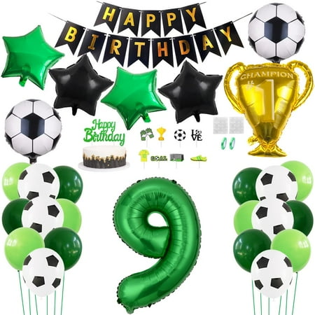 Daimay 29PCS Soccer PriNst Birthday Party Decoration - Sports Theme Football Supplies, Champion Trophy Foil Balloon, 9th Happy Birthday Banner, Green White Black Balloons, Cake Topper for Fans