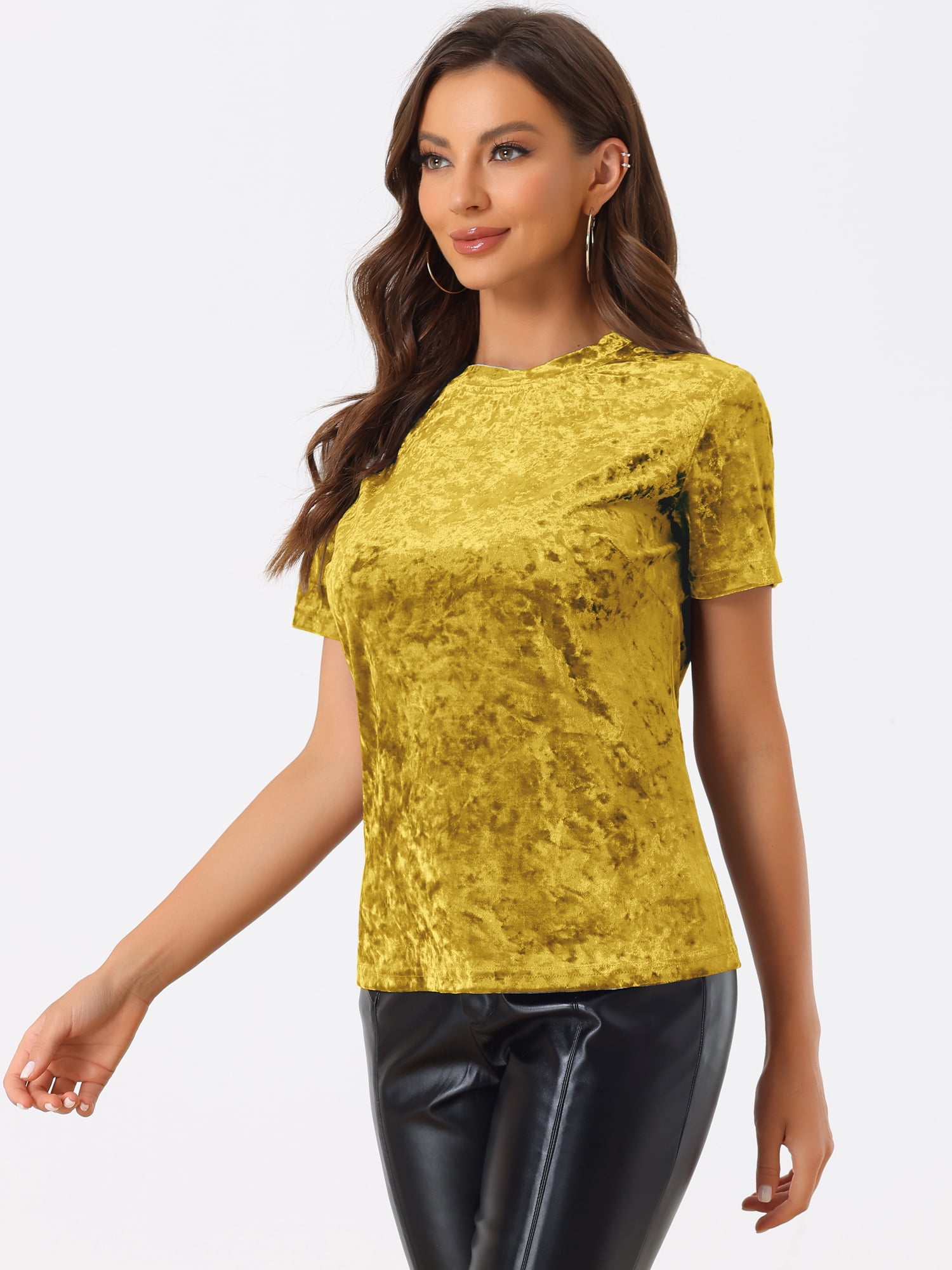 DARING DIVA Women's Velvet Blouse Tops Crew Neck Short Sleeve T-Shirt M Yellow