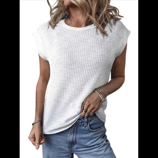 Blusas de Verano para Mujer, Informales, de Cuello Redondo, de Punto Gofre, con Mangas , Blusas Holgadas. M