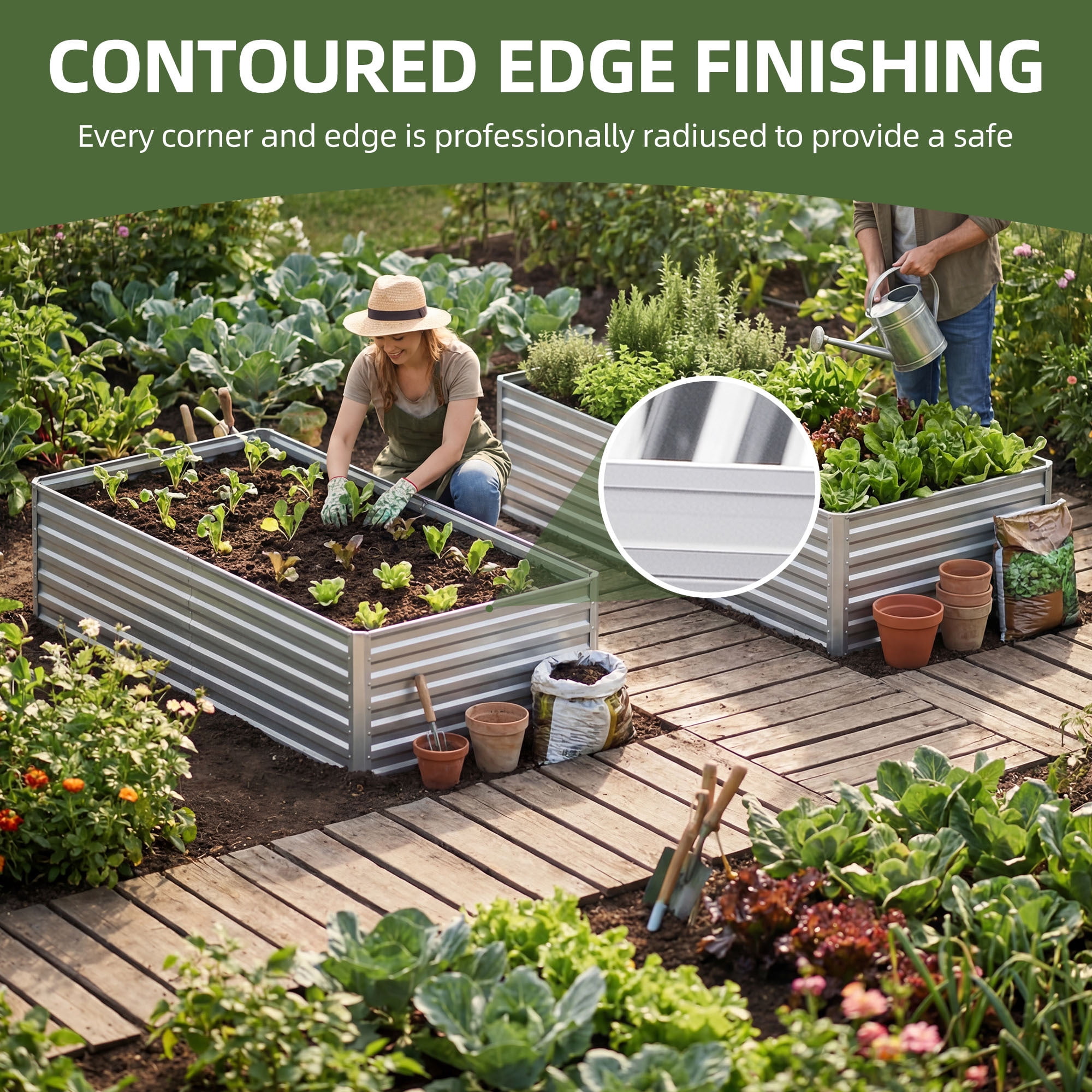 Uforic 2 Pack 6x3x2 f Silver Galvanized Raised Garden Bed Kit, Metal Planter Box with Gloves, Ground Nails & Support Rod, Outdoor Above-Ground Planter for Plants, Vegetables, and Flowers