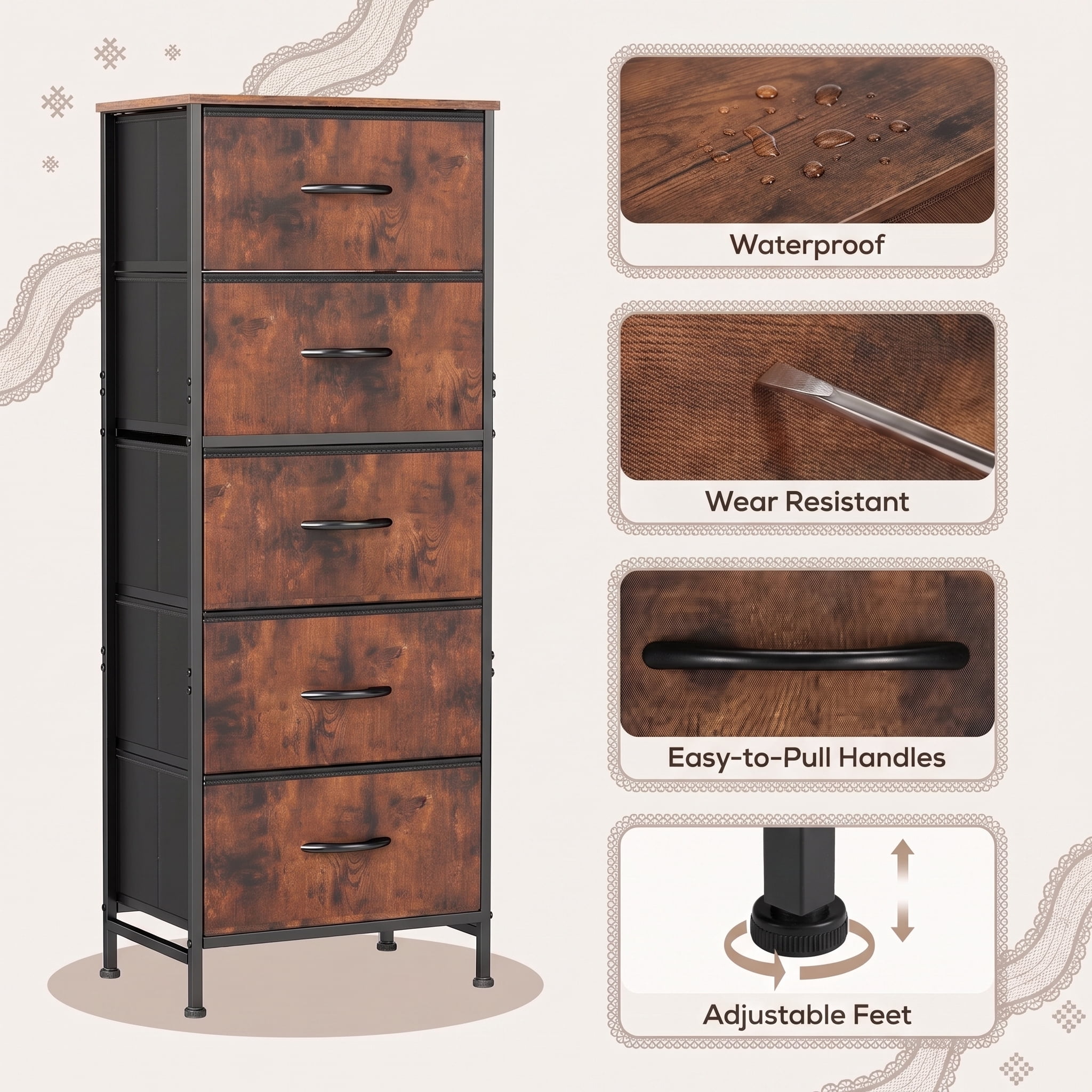 TrumanPick Fabric Storage Drawer Bedroom Dresser, Tall Dresser for Closet, 5 Fabric Dresser with 5 Storage Drawers for Clothes, Living Room, Hallway, Entryway, Rust