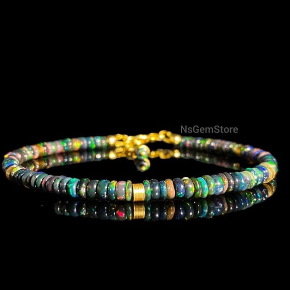 Black Ethiopian Opal Bracelet, Fire Opal Smooth Beads Bracelet, Opal Jewelry, Opal Beads Bracelet Gift For her