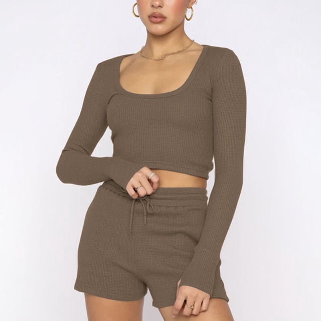 Wolfast Hauts d'Été à Manches Longues pour Femmes Mode Femmes Décontracté Hauts à Manches Longues Col Rond Ensembles de Shorts Décontractés