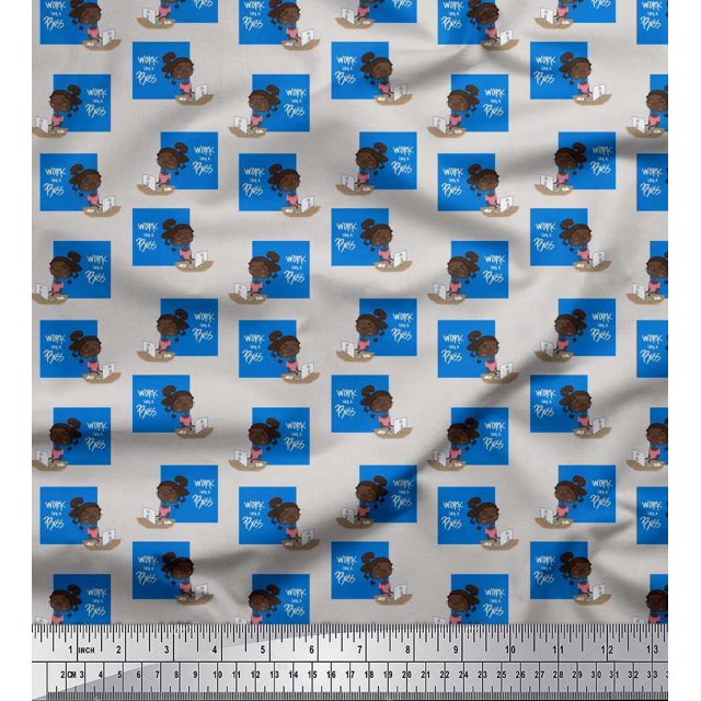 Soimoi Blue Modal Satin Fabric Monitor & Bossy Girl Print Fabric by Yard 42 Inch Wide