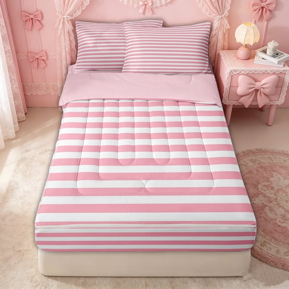 Erosebridal Chic Ombre Stripe Zipper Twin Comforter Sets with Fitted Sheet and 2 Pillowcases for Girls, Simple Lines Abstract Zipper Bedding Set, Pink Reversible, 4pcs