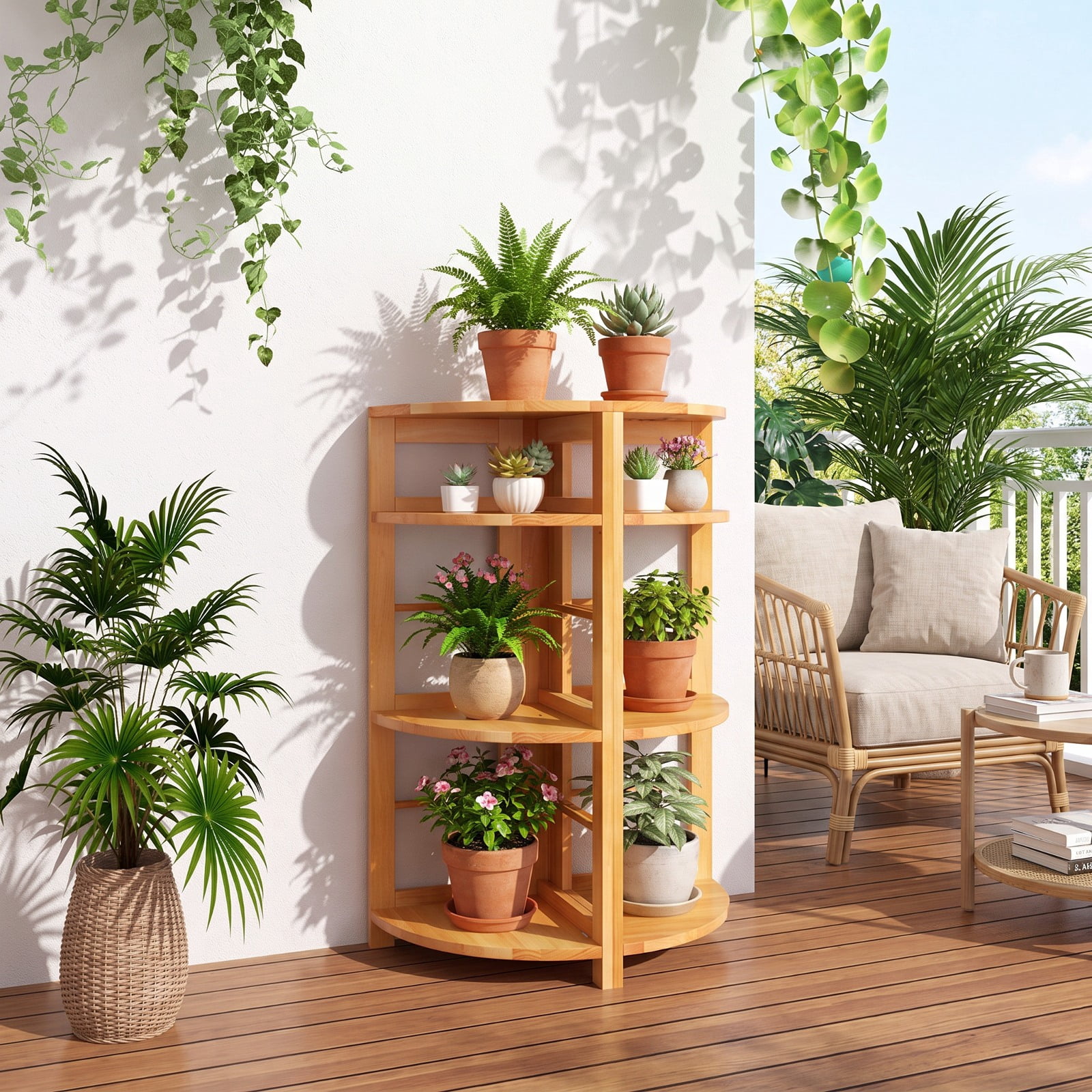 Furnibear 4-Tier Corner Shelf with Rubber Wood Frame and Anti-Toppling Kit for Living Room Home Office Bedroom Display Storage Shelf, Natural