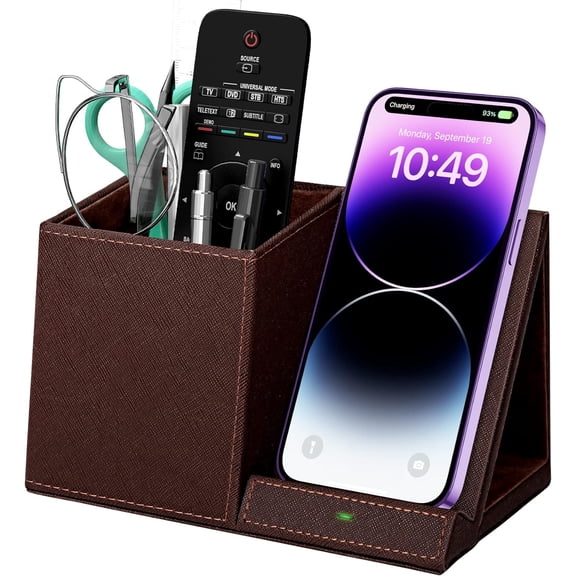 Desk Supplies Organizer, Multi-Functional Pencil Pen Holder with Wireless Charger, Desktop Stationery Organizer, Home Office Supply Storage Box Caddy (Brown)
