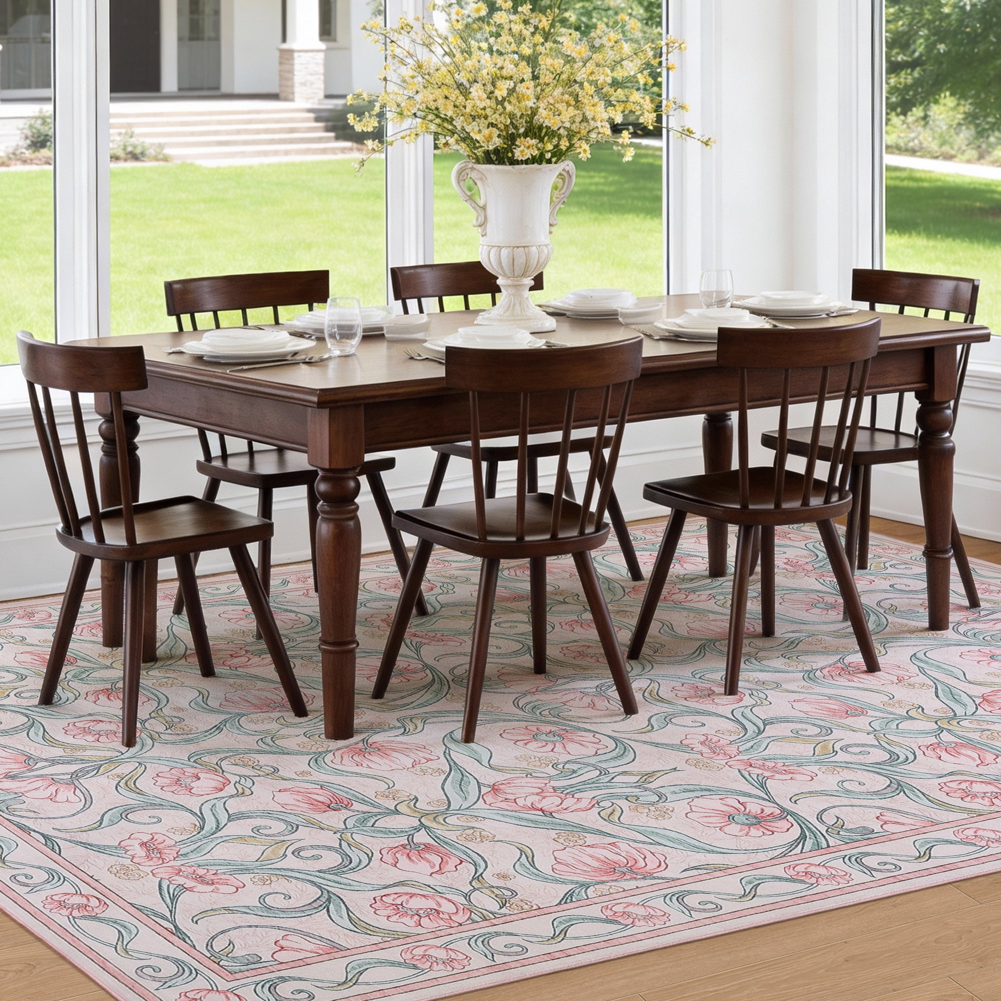 Memoryfield Modern Floral Area Rug 10' x 13', Washable Floor Cover, Soft Low-Pile Non-Slip Carpet, for Living Room Bedroom Dining Room, Pink