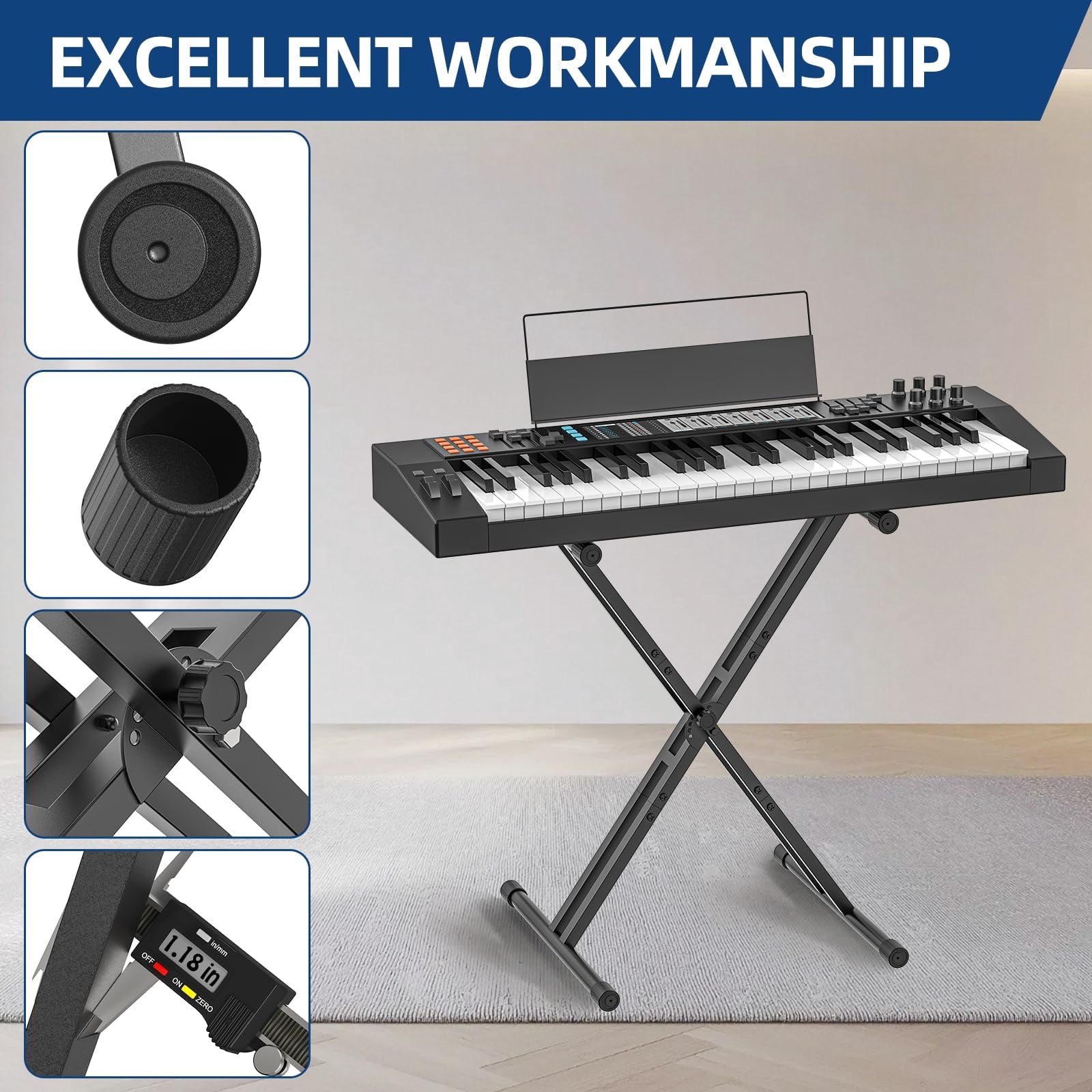 Keyboard Stand  Iron Digital Piano With Locking Straps - Heavy Duty Double X Style Fits 54-88 Key Electric Pianos Dj Turntables Synths And Midi Keyboards. Load Capacity 100lb