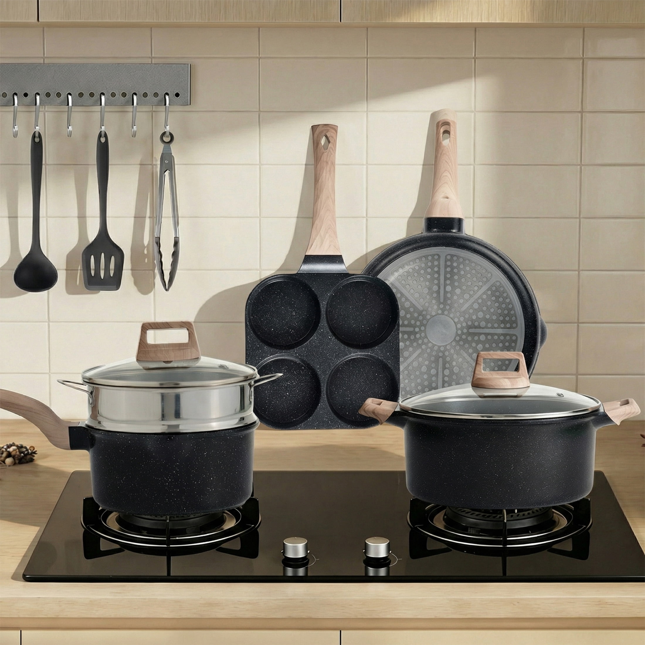 EDX 25-Piece Non-Stick Ceramic Granite Cookware Set with Stay-Cool Handles, Induction Compatible Pots and Pans Set for Healthy Cooking,Black