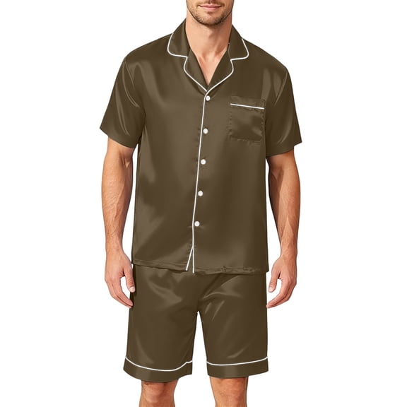 Mens Satin Silk Shorts Sleeve Pajama Set, Button Down Shirts and Shorts Lightweight Sleepwear with Pocket for Home Coffee L