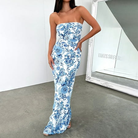 Cavosen Maxi Dresses for Women Plus Size Fashion Dress Plain Split Backless Maxi Dress One Shoulder Neck Bodycon Corset Dresses Sleeveless Party Dress Gown Dress