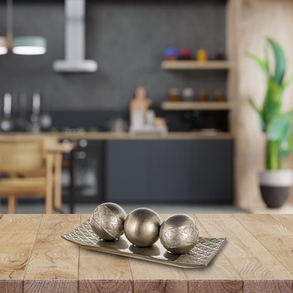 HomeRoots Tray and Orbs Balls | Centerpiece Table Decorations | Home Decor |Decorative Accents Balls for Living Room, Coffee, and Dining Table Decor |Set of 3 | Silver Decor