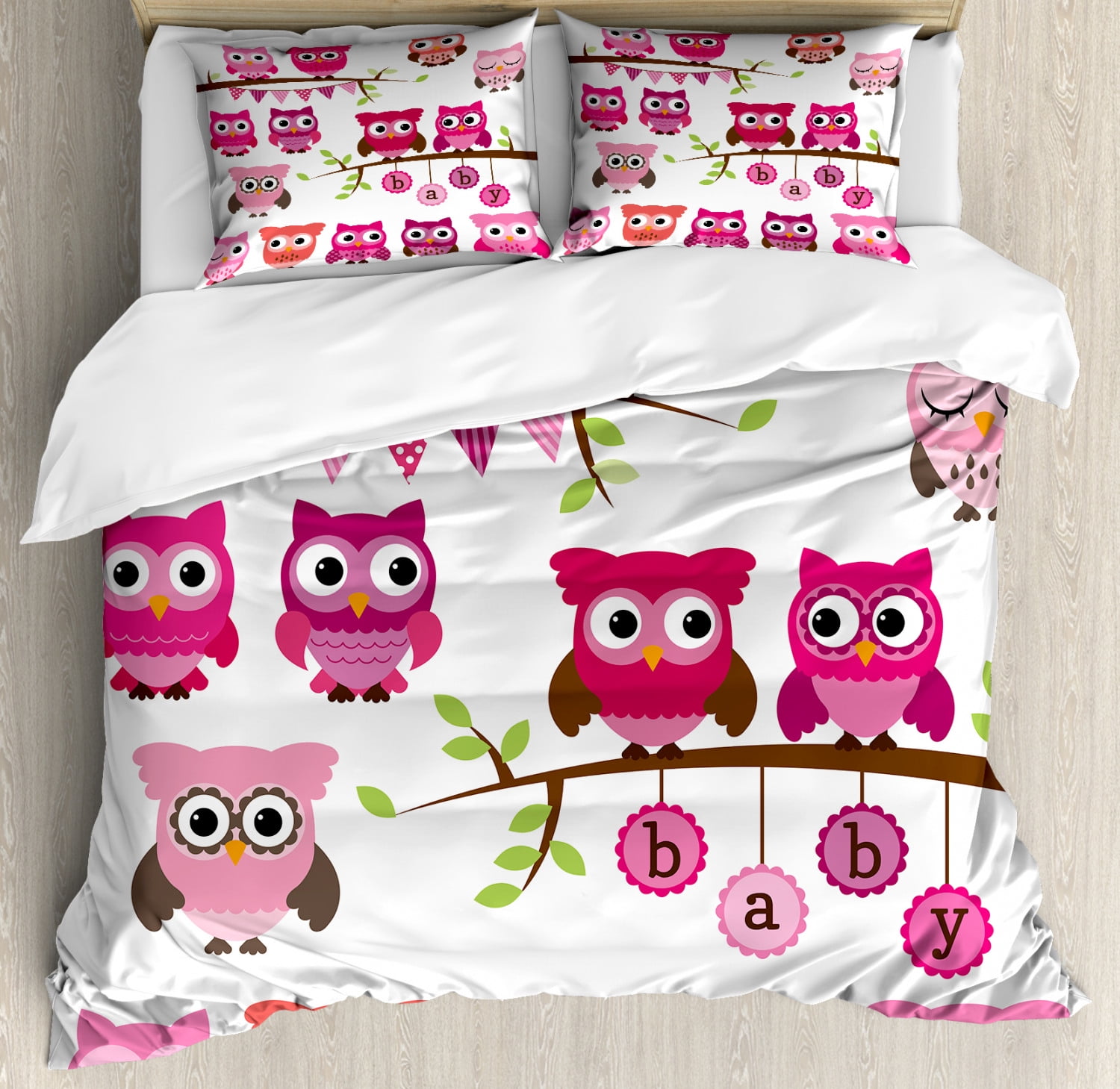 Nursery Duvet Cover Set King Size, Girl Baby Shower Themed Owls and ...