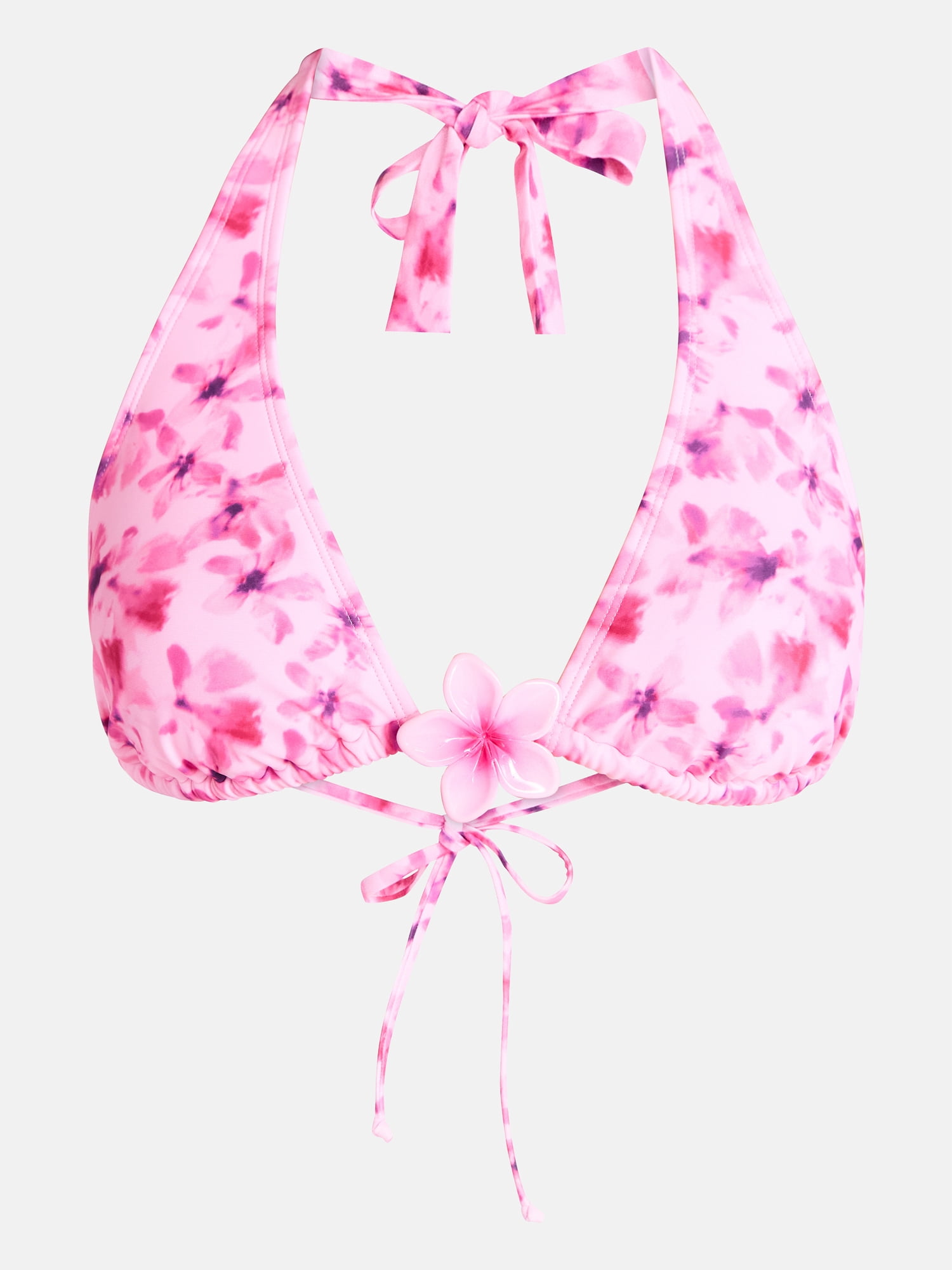 No Boundaries Pink Floral Tall Triangle Halter Bikini Top, Women's XXS-XXL