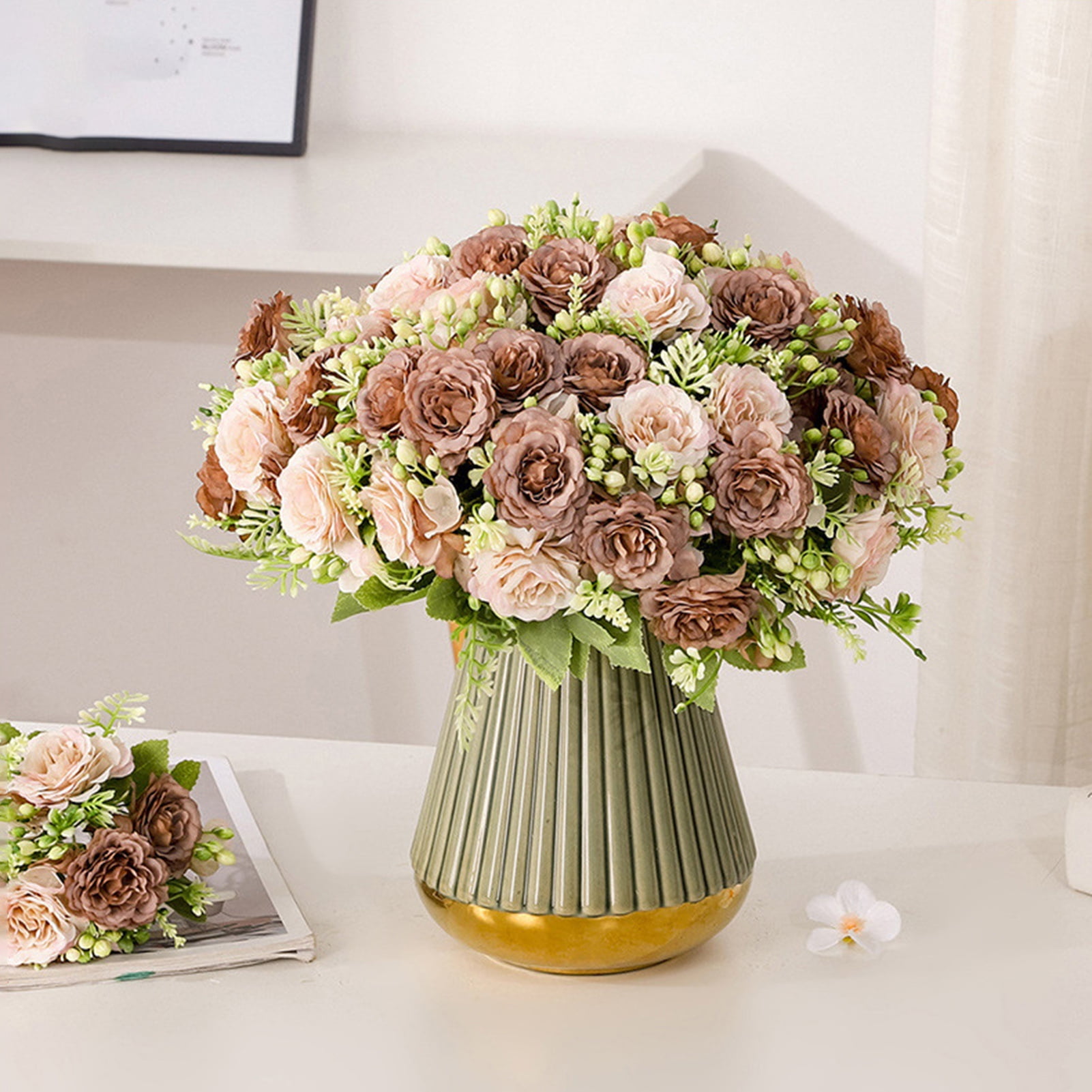 Sunsanly 1 Bunch Artificial Flowers, Fake Peony Silk Hydrangea Bouquet Decor Plastic Carnations Realistic Flower Arrangements Wedding Decoration Table Centerpieces