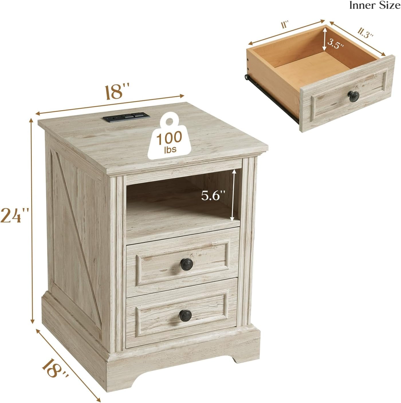 Vecenuy Nightstand with Charging Station,nd Table, Side Table with 2 Drawers Storage Cabinet for Bedroom, Living Room,18" Retro Bedside Table, Washed Gray