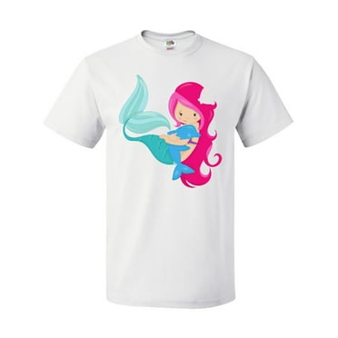 Inktastic Cute Mermaid, Little Mermaid, Pink Hair, Dolphin T-Shirt