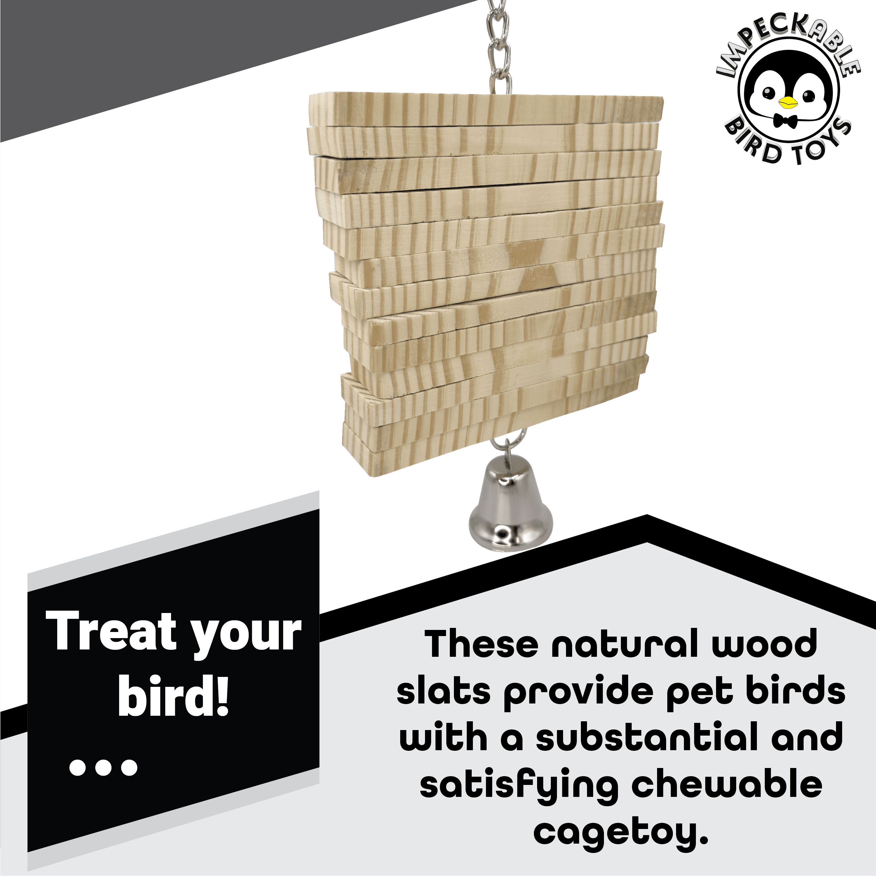 1833 Medium Natural Twirly Bird Toy with Kiln-Dried Wood Slats, Metal Chain and Bell – Handcrafted by Impeckable Bird Toys – Great for Conures, Amazons, African Greys and Medium Birds