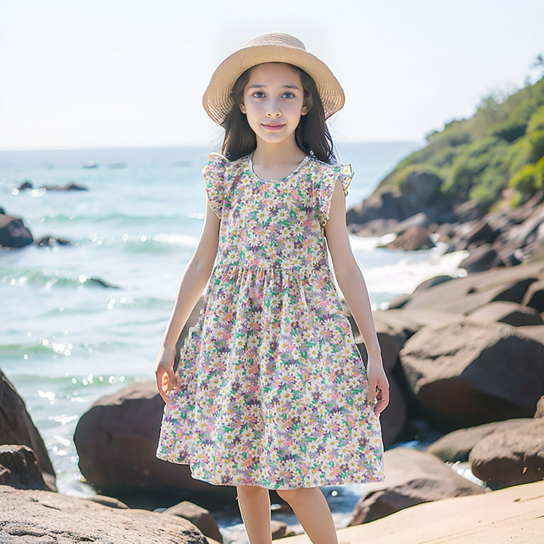 Mercatoo Girls Fly Sleeveless Loral Print Casual Dress Easide Beach Awaii Holiday Casual Play Swing Sudress for Kids, Girl's, Size: 6-7 Years, Silver