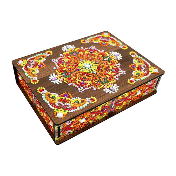 LUVCLS Caja organizadora de almacenamiento de joyas de madera con diseño de flor de mandala 5D DIY