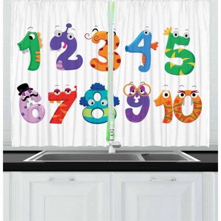Character Curtain - Number Curtains 2 Panels Set, Math Signs as Funny Characters Monsters Giraffe Snake Childish Kids Playroom Cartoon, Window Drapes for Living Room Bedroom, 55W X 39L Inches, Multicolor, by Ambesonne