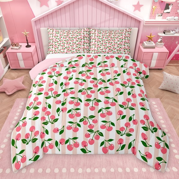 Manfei Cute Pink Cherry Bedding Comforter Set for Kids, Cartoon Orange Abstract Twin Comforter Sets, Kawaii Summer Fruit Reversible Bedding Set, Lightweight Room Decor, 2-Piece
