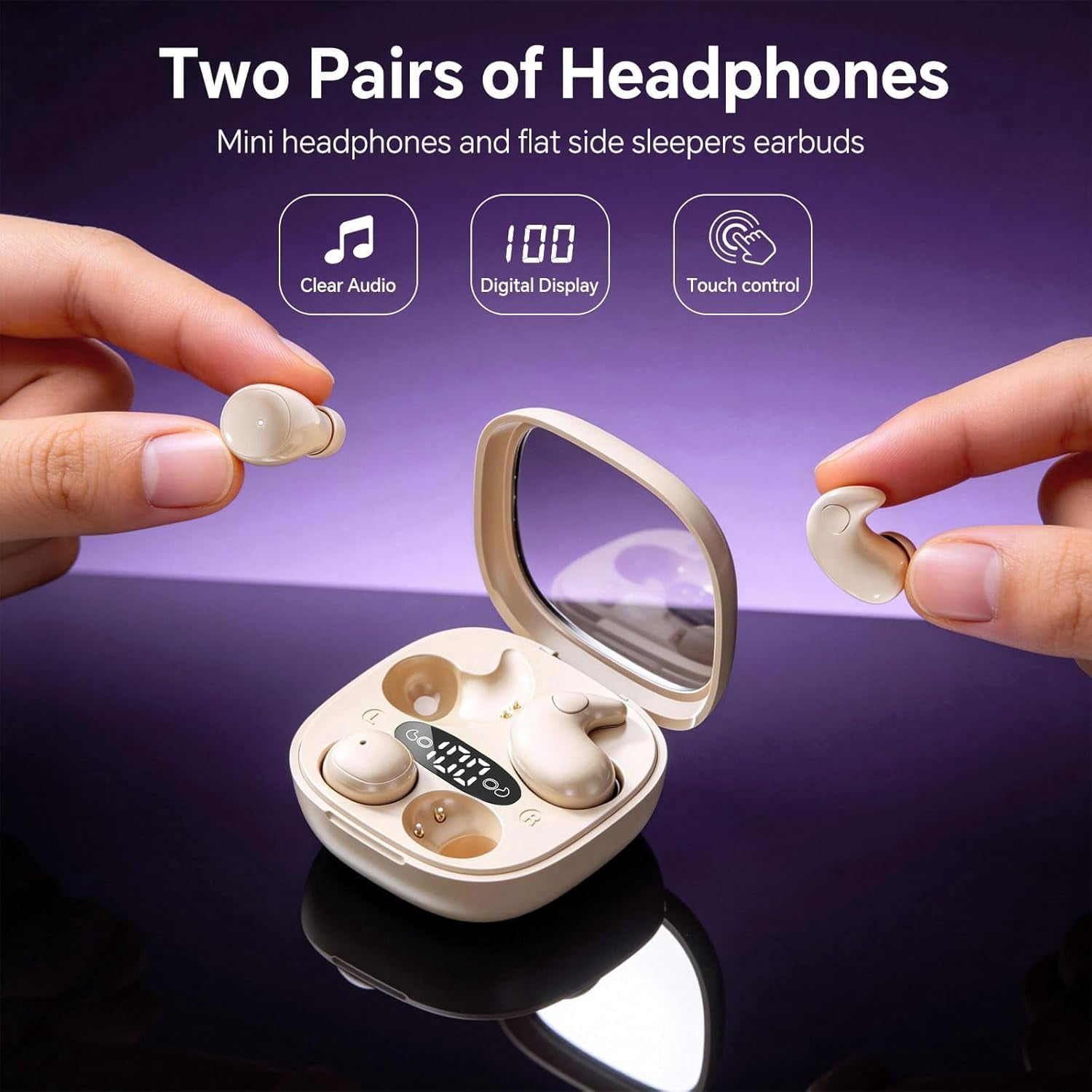 Flat Sleep Mini Invisible Earbuds Wireless Bluetooth, Side Sleepers Flat Sleeping Small Tiny Micro Ear Buds Small Ears Low Profile Smallest Discreet Hidden Earbuds Headphones for Work 2-Pack