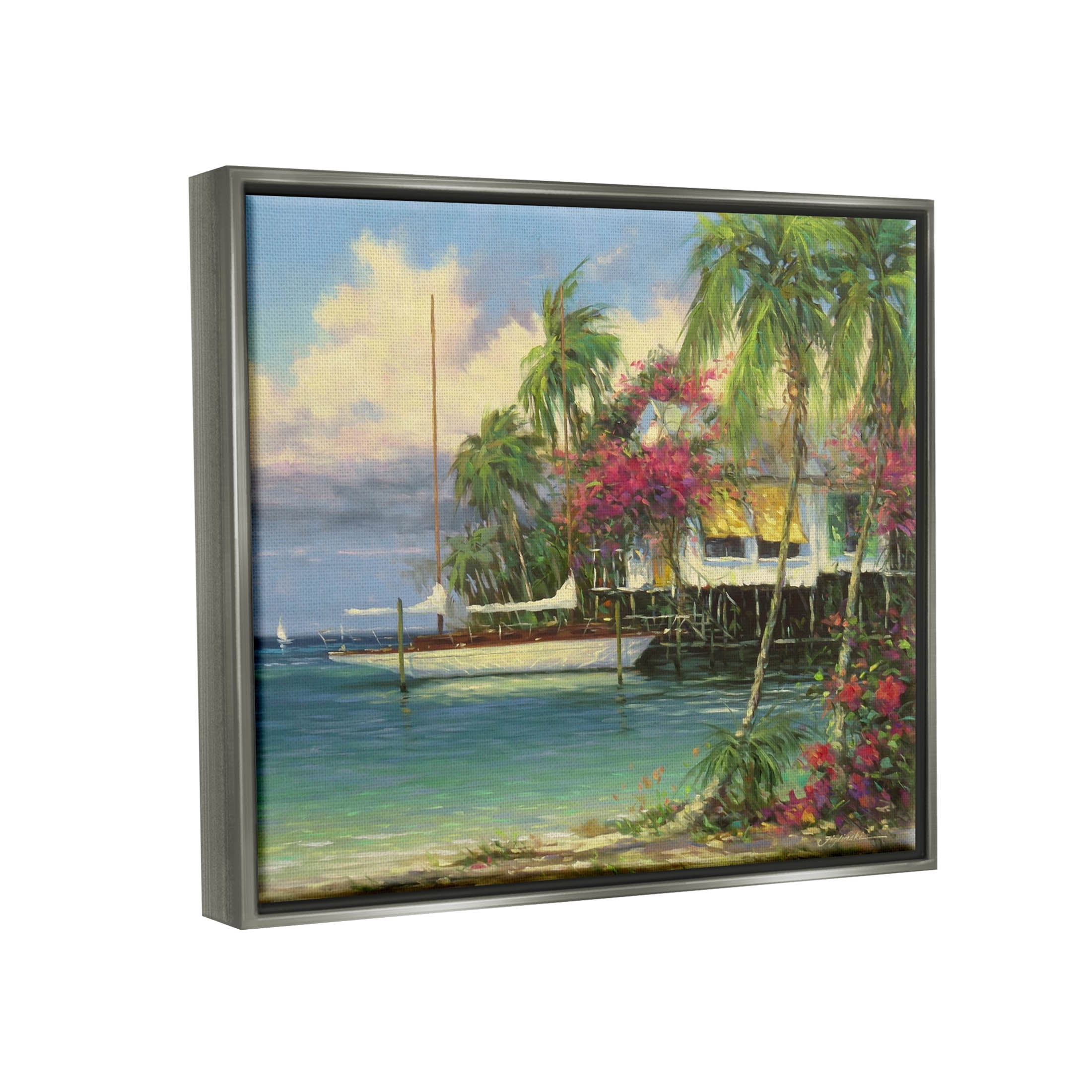 Vacation Waterfront Tropical Pier Coastal Painting Luster Gray Framed Art Print Wall Art