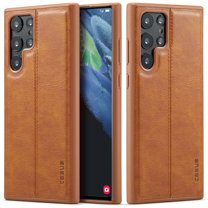 MOHEYO Slim Vegan Leather Cover Thin Luxury Classic Case for Samsung Galaxy S22 Ultra 5G - Brown