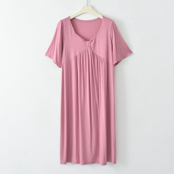 Dwaogom Lace Womens Nightgowns Short Sleeve Printed Nightshirts Casual Sleepwear Soft Solid Color Large Round Neck Sleepwear Dress