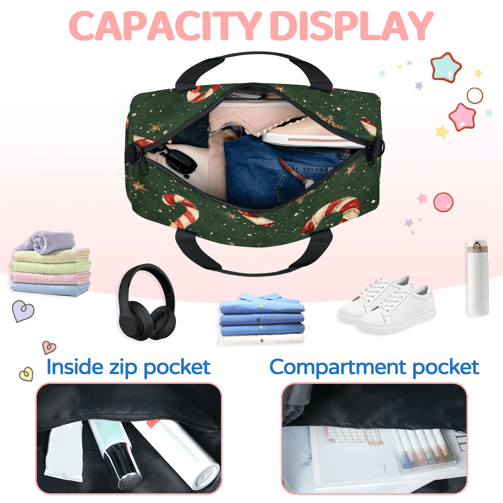 Herdesigns Christmas Candy Travel Duffle Bag Sports Yoga Weekender Overnight Carry on Workout Bags Lightweight Waterproof Gym Tote Bag for Women