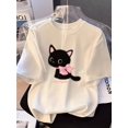 thumbnail image 1 of Women's Y2K-Inspired T-Shirt | Black Cat Cartoon Print | Loose Fit, Round Neck | Short Sleeve | Machine Washable | Summer Casual Top with Bow Detail | Glossy Finish | Vintage Preppy , Ladie, 1 of 5