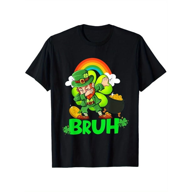 Camiseta para hombre del Día de San Patricio - Gráfico de sombrero de duende "Bruh", 100 % algodón, manga corta, cuello redondo, ajuste cómodo, lavable a máquina - Negra con diseño de trébol verde, ca