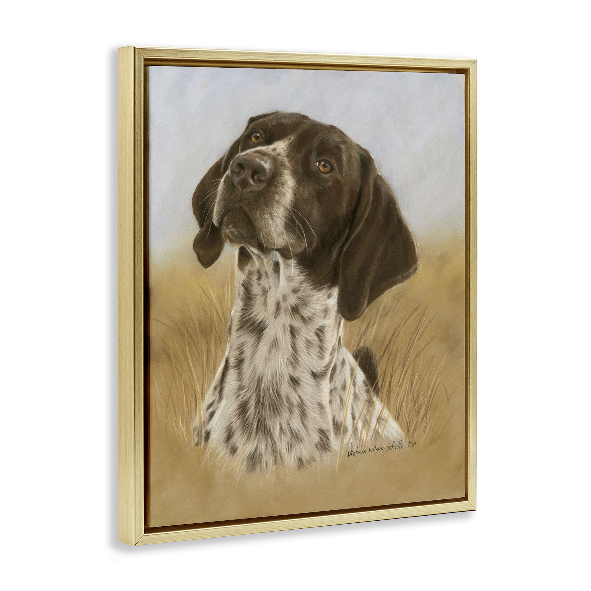 Stupell Industries Pointer Hunting Dog Animals & Insects Painting Gold Floater Framed Canvas Art Print Wall Art, 17 x 21