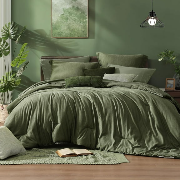 Queen Comforter Set - 7 Pieces Cationic Dyeing Olive Green Bed in a Bag Queen Bedding Sets with Comforter, Sheets, Pillowcases & Shams, Reversible Bedding Comforters Sets