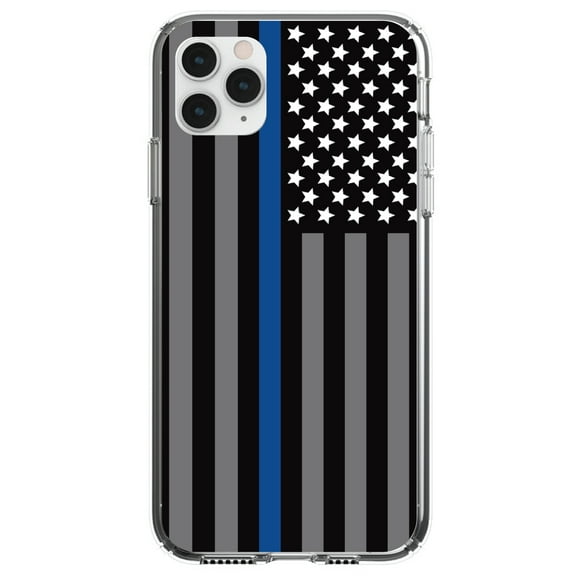 DistinctInk Clear Shockproof Hybrid Case for iPhone 11 Pro MAX (6.5" Screen) - TPU Bumper, Acrylic Back, Tempered Glass Screen Protector - Thin Blue Line US Flag Law Enforcement - First Responders