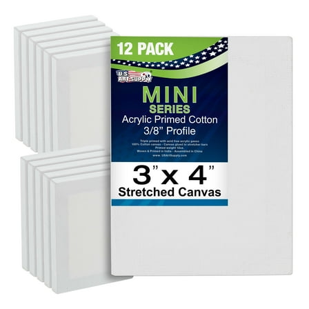 U.S. Art Supply 3" x 4" Mini Professional Primed Stretched Canvas 12-Mini Canvases