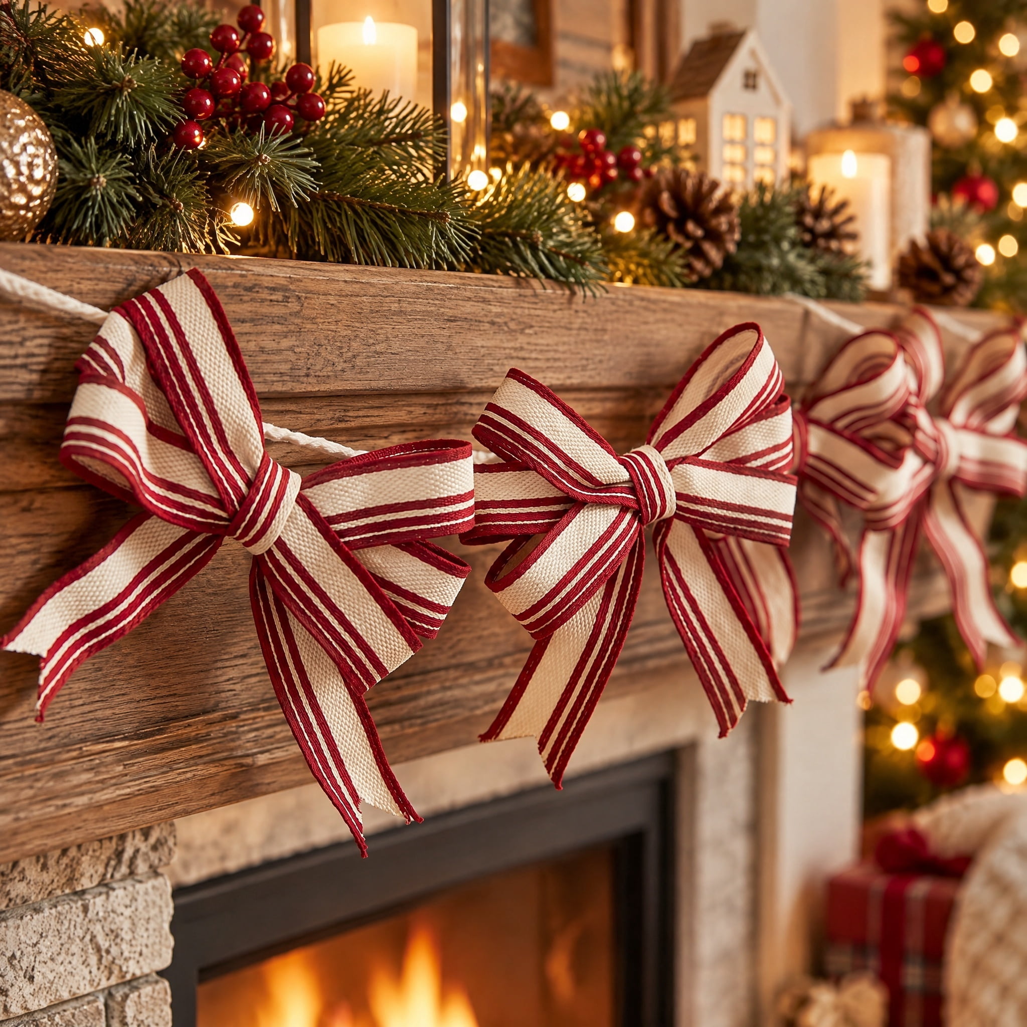 Fabric Striped Bow Christmas Garland, Red and White, 6', by Holiday Time