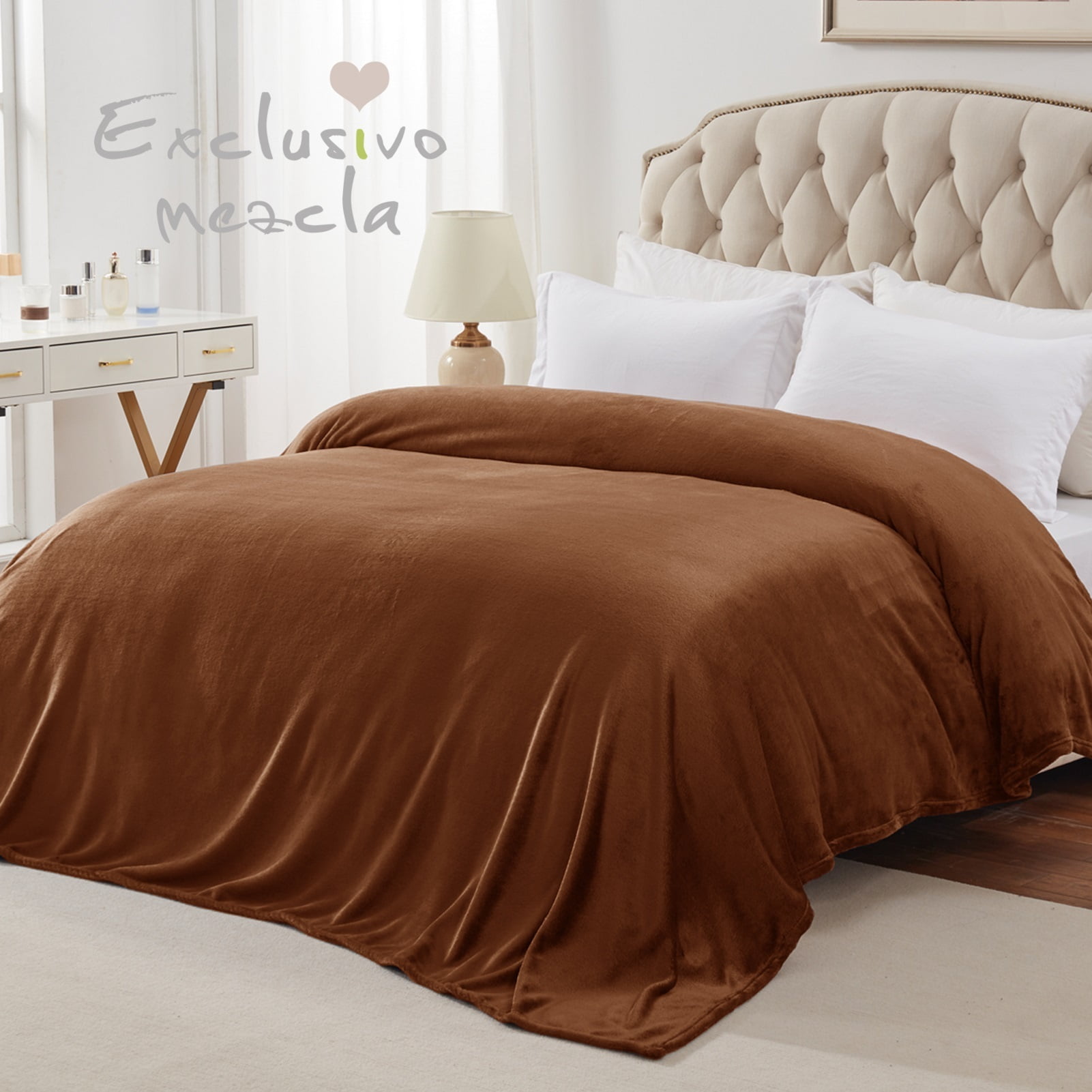 Exclusivo Mezcla Queen Size Flannel Fleece Velvet Plush Bed Blanket as Bedspread, Coverlet, Bed Cover (90"x90", Brown)