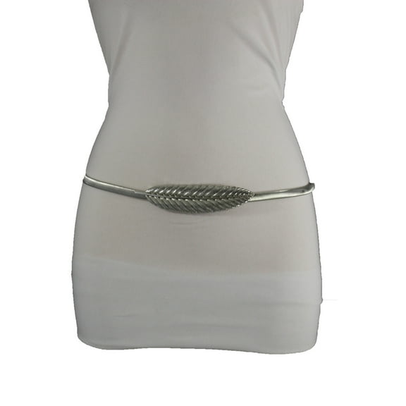 Women Hip High Waist Silver Metal Skinny Fashion Belt Elastic Band Long Leaf S M
