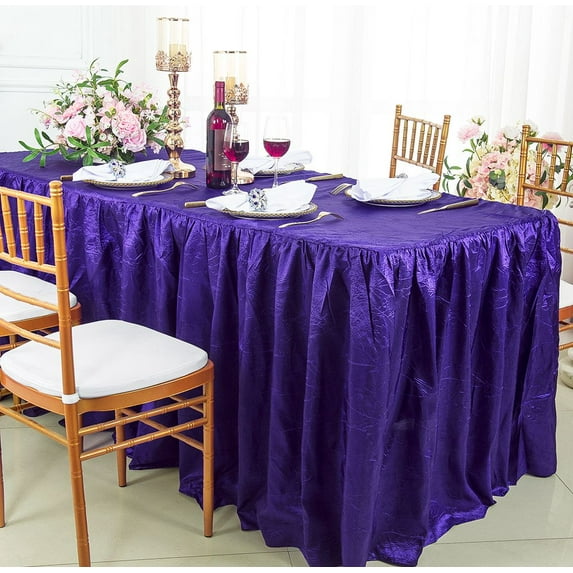 Wedding Linens Inc. 6' ft (30"x72") Rectangular Ruffled Fitted Crushed Crinkle Taffeta Tablecloth With Skirt for Party, wedding, events, décor - Regency Purple