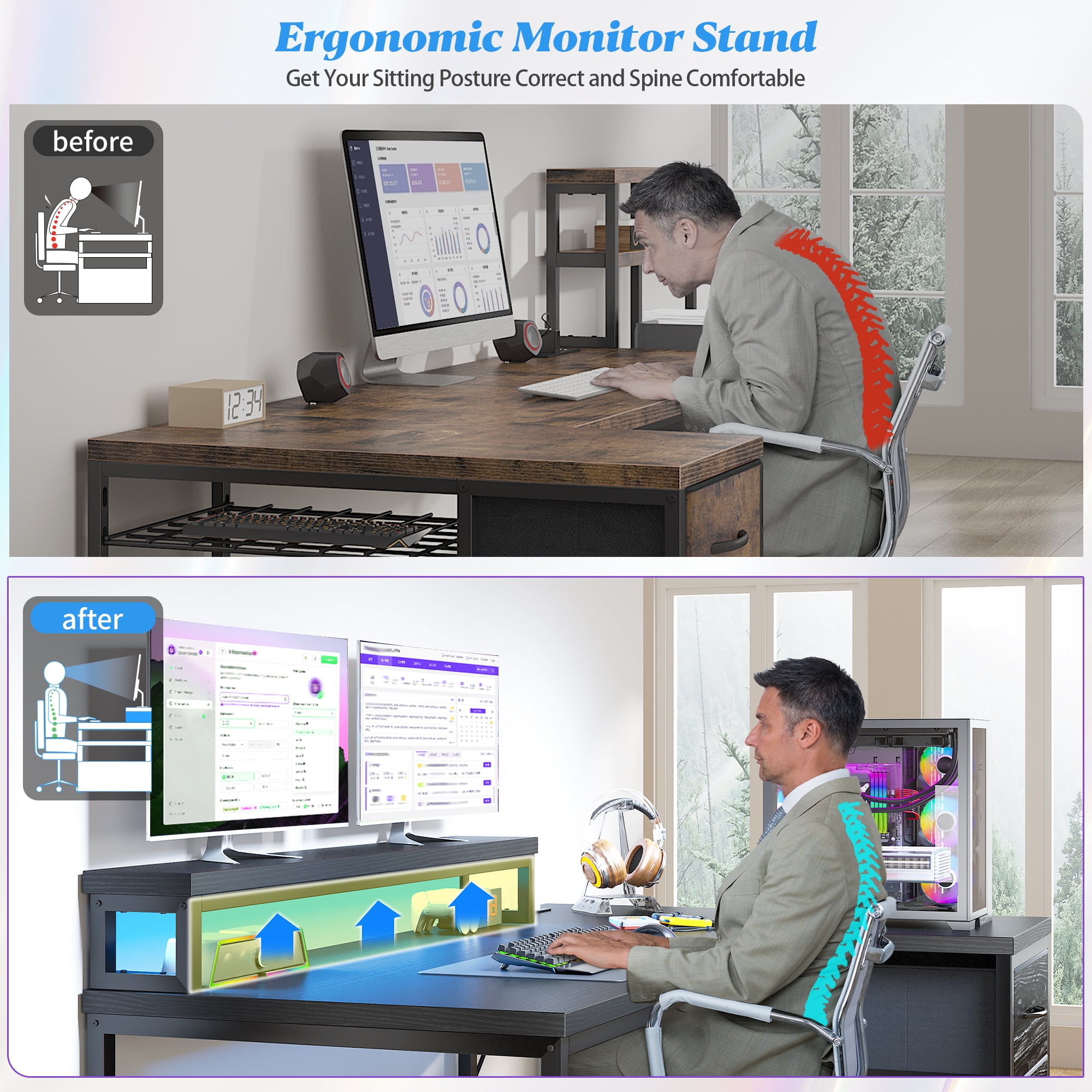 Romorgniz Gaming Desk Computer Desk with LED Lights & Power Outlet Reversible l Shaped Desk with 3 Drawers 48"L Office Desk with Monitor Stand for Gaming Room,Home Office,Bedroom,Black